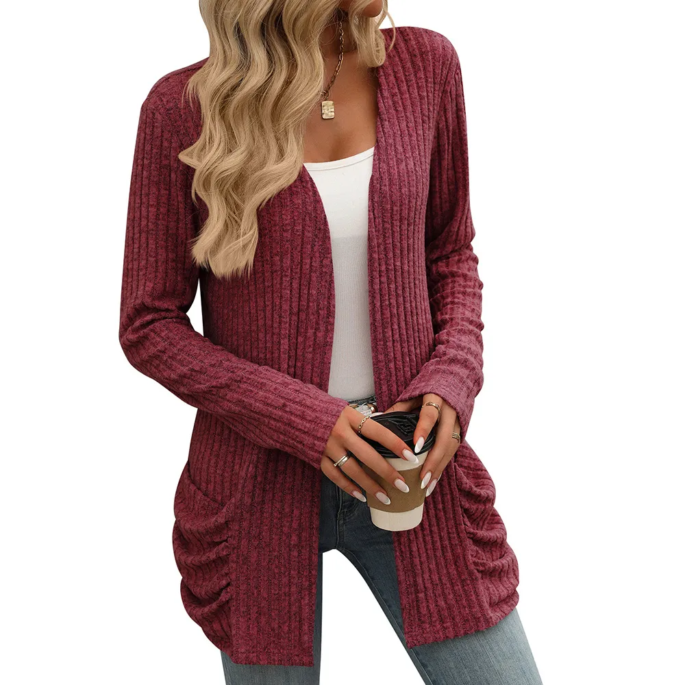 Solid Color Pocket Long Sleeve Bottoming Cardigan Knitwear - Wine