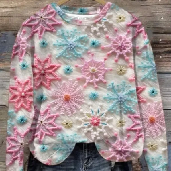 Autumn Winter Sweater Printed Women's Round Neck Shirt Top - 3Style-M