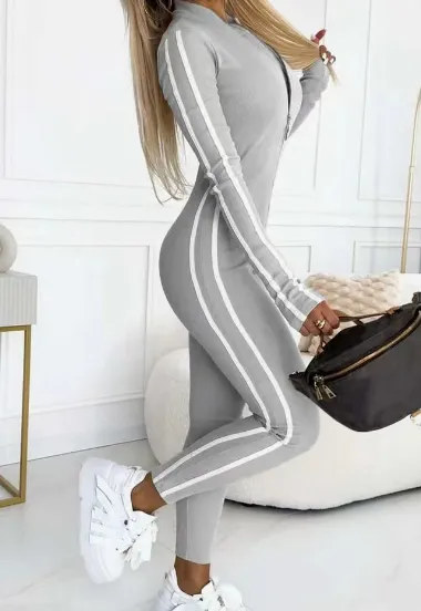 Autumn And Winter Women's Slim Striped Half Zipper Jumpsuit Grey - Shop at LoveMi