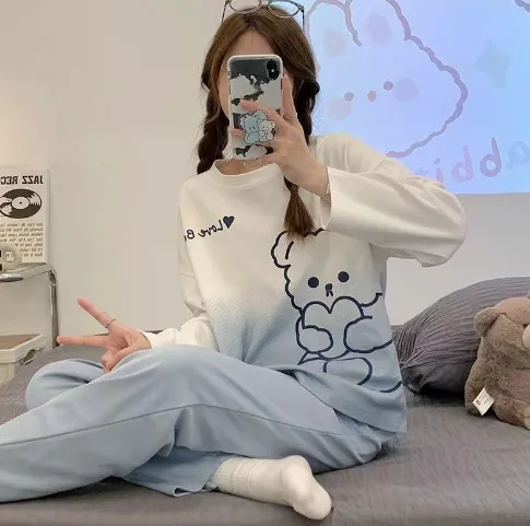 Long Sleeve Autumn Ins Two piece Homewear Suit Long Sleeve Gradient Bear - Shop at LoveMi