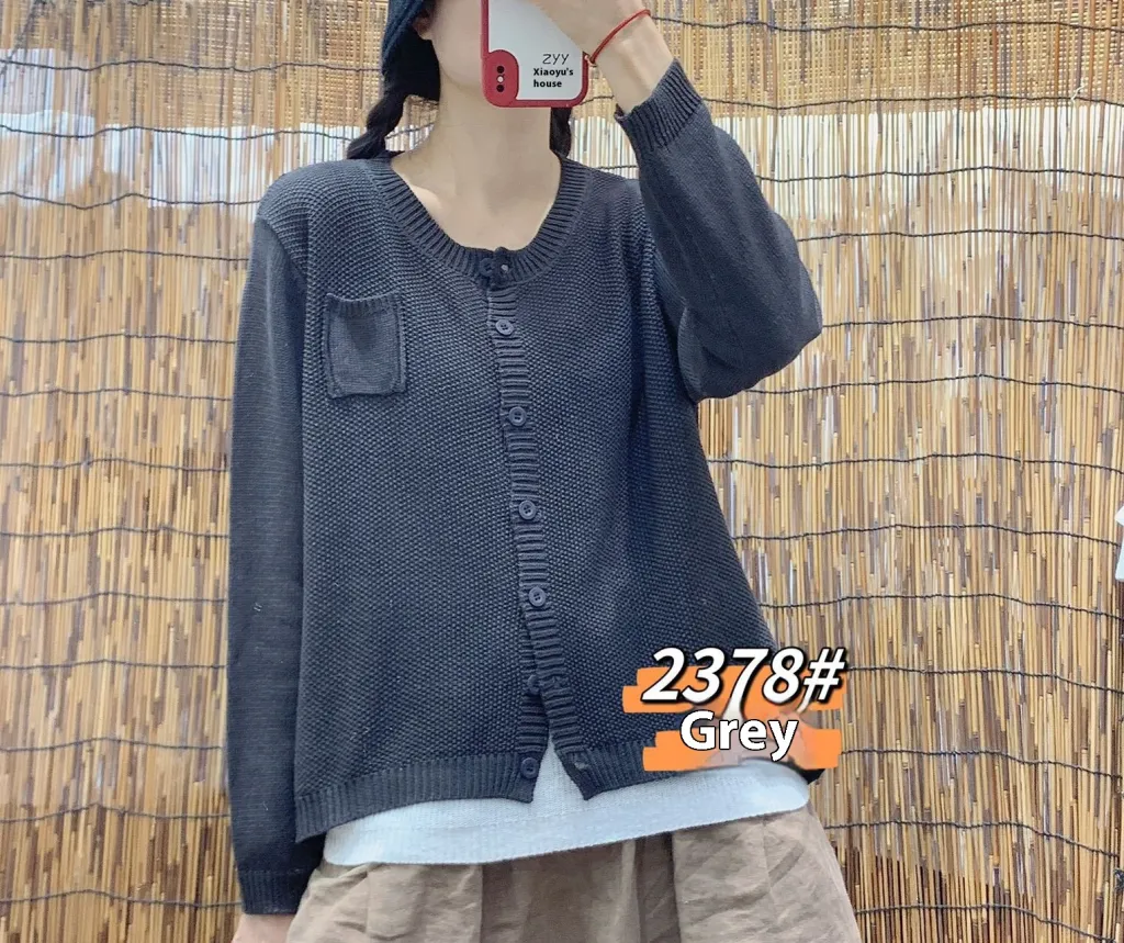 Pure Color Artistic Retro Loose Cardigan Sweater Women - Gray