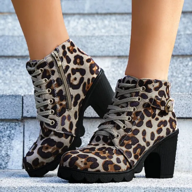 Fashoin Leopard Print Ankle Square Heel Suede Lace up Zip Boots Women Casual Versatile Shoes Autumn And Winter Leopard - Shop at LoveMi