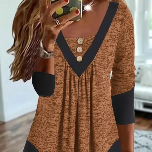 Casual V neck Long Sleeve Loose Pullover Contrast Color Digital Printing T shirt Caramel Color - Shop at LoveMi