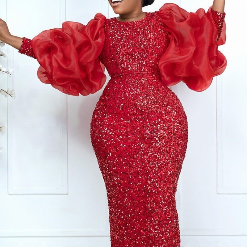 Puff Sleeve Sequin Embroidery High Waist Temperament Dress