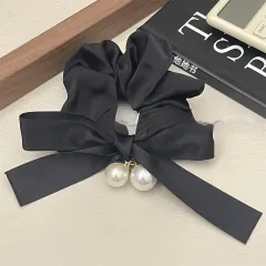 Pearl Bow Large Intestine Hair Ring High Sense - Black - View 1