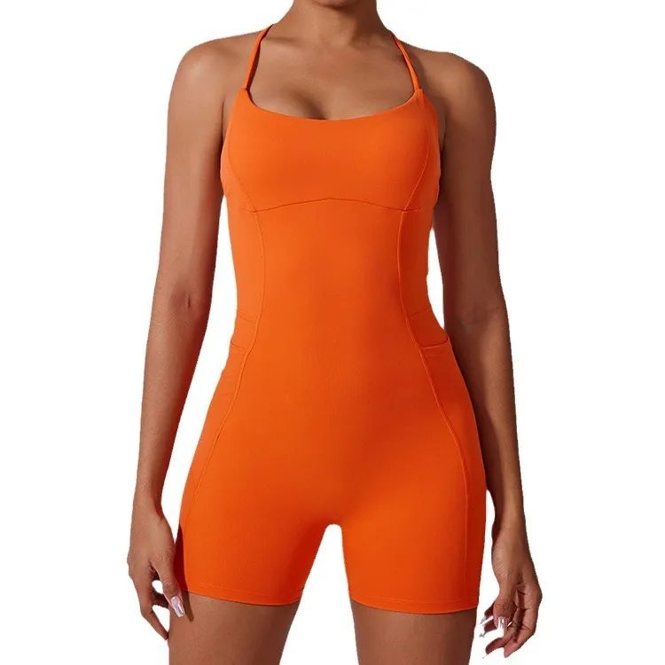 V Waist Pleated Yoga Jumpsuit Women - Orange