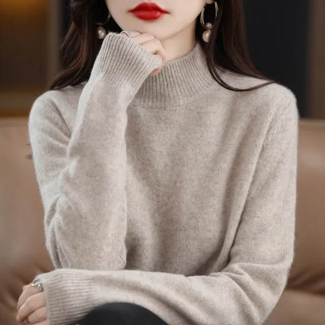 Autumn And Winter Sweater Half high Collar Long Sleeves Women's Top Loose Slimming And All matching Elegant Camel - Shop at LoveMi