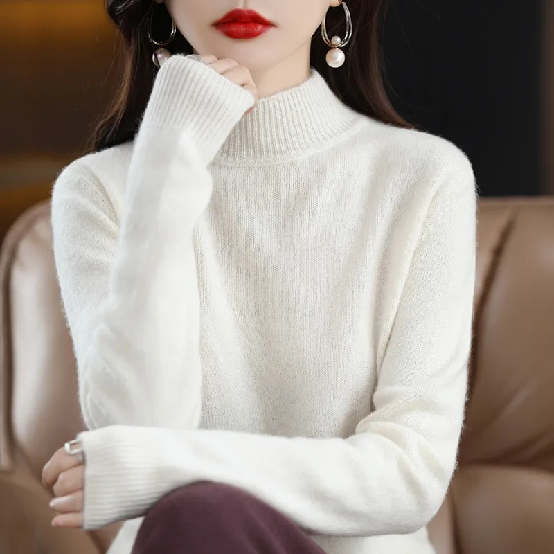 Autumn And Winter Sweater Half-high Collar Long Sleeves Women's Top Loose Slimming And All-matching - Ivory