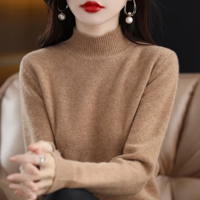 Autumn And Winter Sweater Half high Collar Long Sleeves Women's Top Loose Slimming And All matching Gold Sand Camel - Shop at LoveMi
