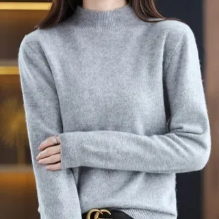 Autumn And Winter Sweater Half high Collar Long Sleeves Women's Top Loose Slimming And All matching Gray - Shop at LoveMi