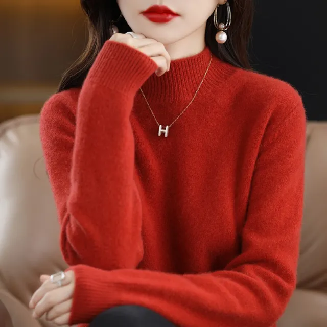 Autumn And Winter Sweater Half high Collar Long Sleeves Women's Top Loose Slimming And All matching Cinnabar Red - Shop at LoveMi