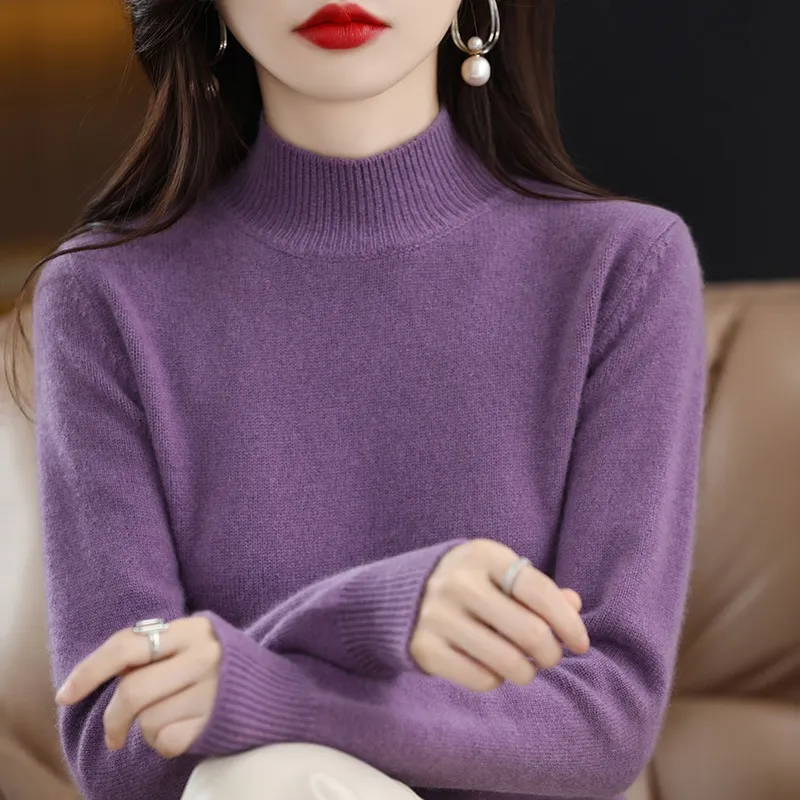 Autumn And Winter Sweater Half-high Collar Long Sleeves Women's Top Loose Slimming And All-matching - Purple