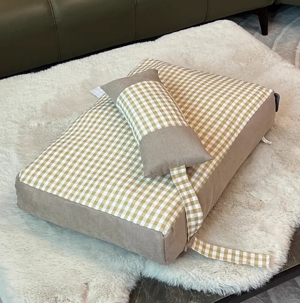 Pet Plaid Color Matching Kennel Removable And Washable Mattress Khaki - Shop at LoveMi
