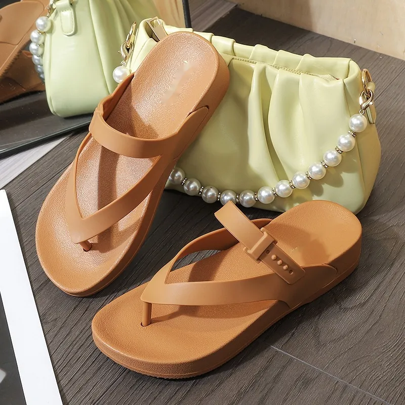 Flip Flops Women's Summer Outdoor Leisure Flip-Flops Slippers Thick Bottom Cool Beach - Brown