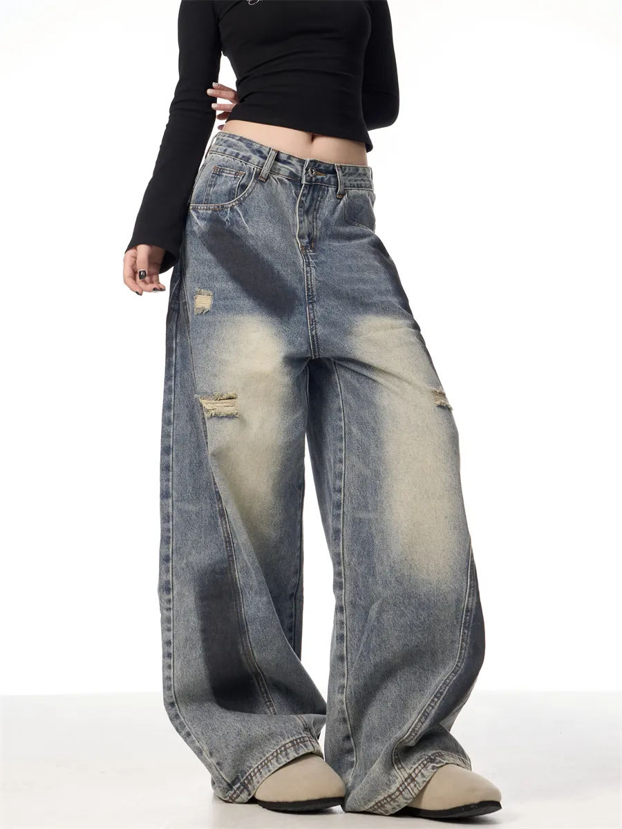 Splash Ink Ripped Machete Jeans For Women Loose-fitting Wide-leg Trousers - Blue