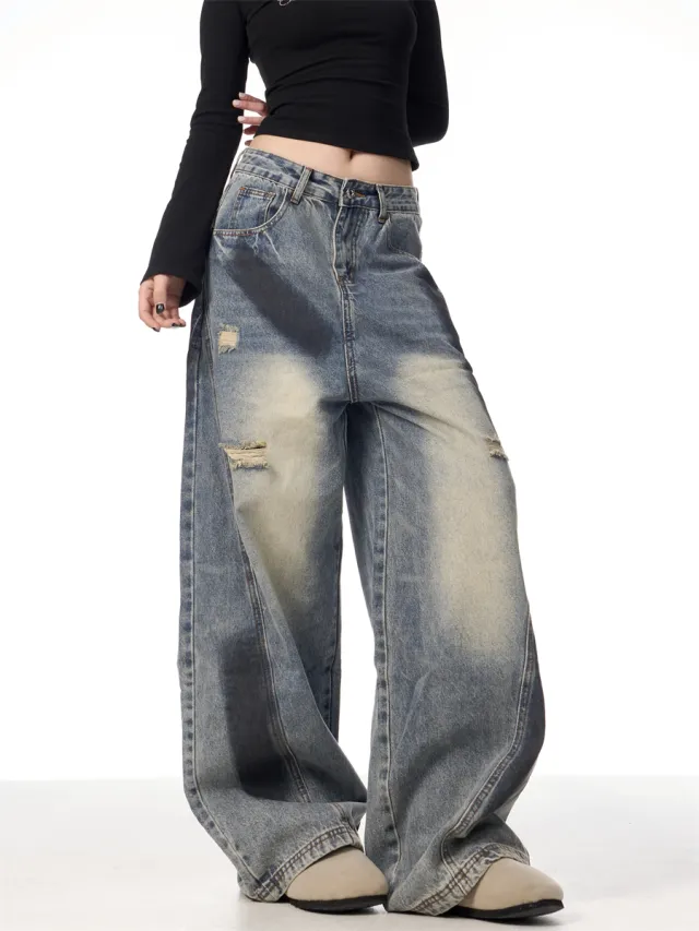 Splash Ink Ripped Machete Jeans For Women Loose fitting Wide leg Trousers Blue - Shop at LoveMi