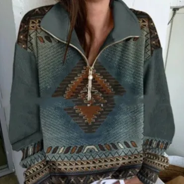Long Sleeve Half Loose Zip 3D Digital Printing Sweater Dark Green - Shop at LoveMi