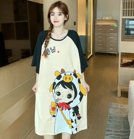 Home Wear Thin Short Sleeve Loose Plus Size Plump Girls Women's Pajamas 003Color - Shop at LoveMi