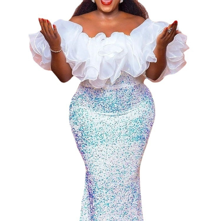Cross-border Off-shoulder Sexy Organza Wrapped Chest Sequin Embroidery High Waist Slimming Dress
