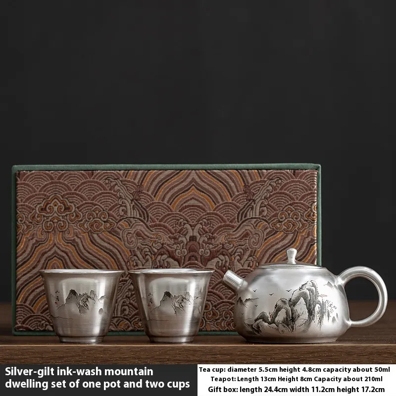Silver Gilded -end Kung Fu Tea Set Mini Set Teapot Tea Cup Gift Box - Silver Gilded Ink Mountain