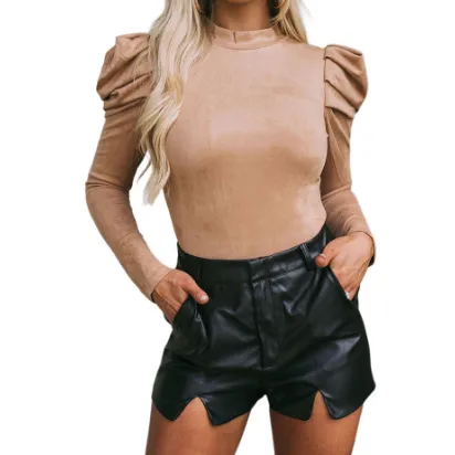Women's Solid Color Suede One-piece Suit Gigot Sleeve Tight Top - Brown