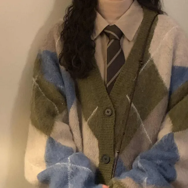 Loose Diamond Plaid Contrast Color V neck Knitted Cardigan Sweater Green - Shop at LoveMi
