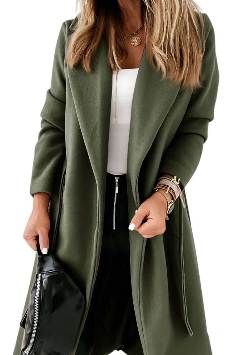 Extended Woolen Women's Coat Plus Size Lace Up - Green