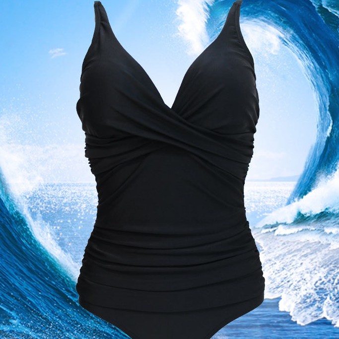 Triangle one-piece swimsuit for women with double shoulders, one-piece pleated swimsuit with open back