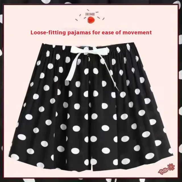 Silk Pajamas Women's Summer Short Pants Home Pants Artificial Cotton Thin Air Conditioning Cotton Black With White Dots - Shop at LoveMi