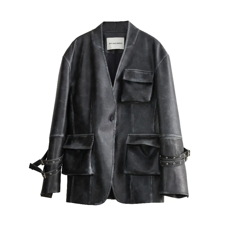 Retro Rub Colored Faux Leather Three-dimensional Pocket Wide Shoulder - Black