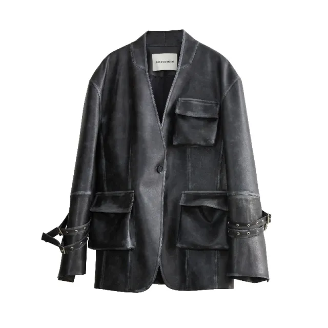 Retro Rub Colored Faux Leather Three dimensional Pocket Wide Shoulder Black - Shop at LoveMi
