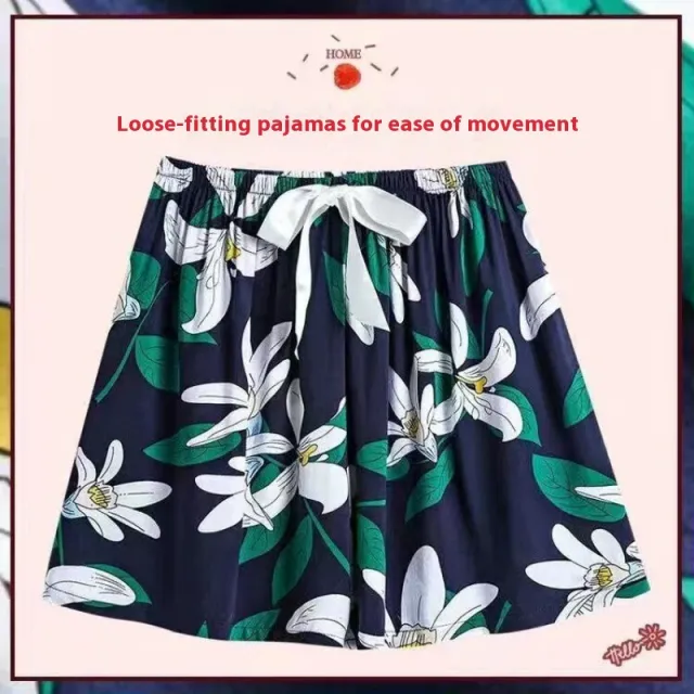 Silk Pajamas Women's Summer Short Pants Home Pants Artificial Cotton Thin Air Conditioning Cotton Blue Narcissus - Shop at LoveMi