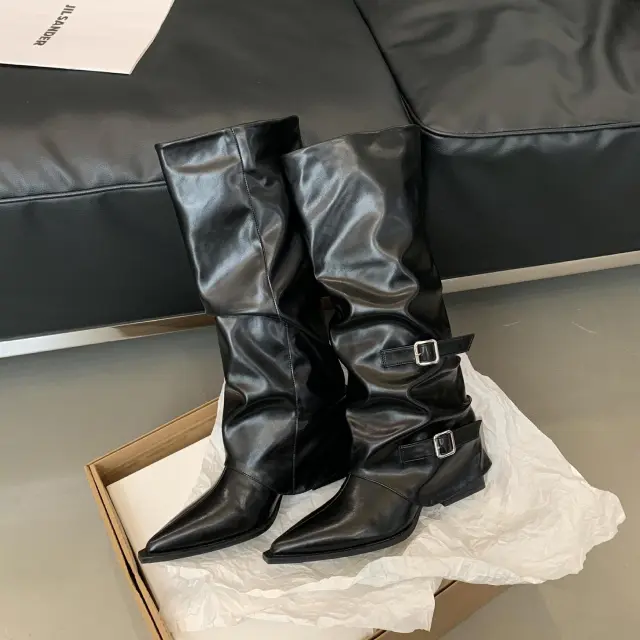 Pointed Buckle Pleated Pile Style Boots Punk Mid Heel Knee high Boots Black - Shop at LoveMi