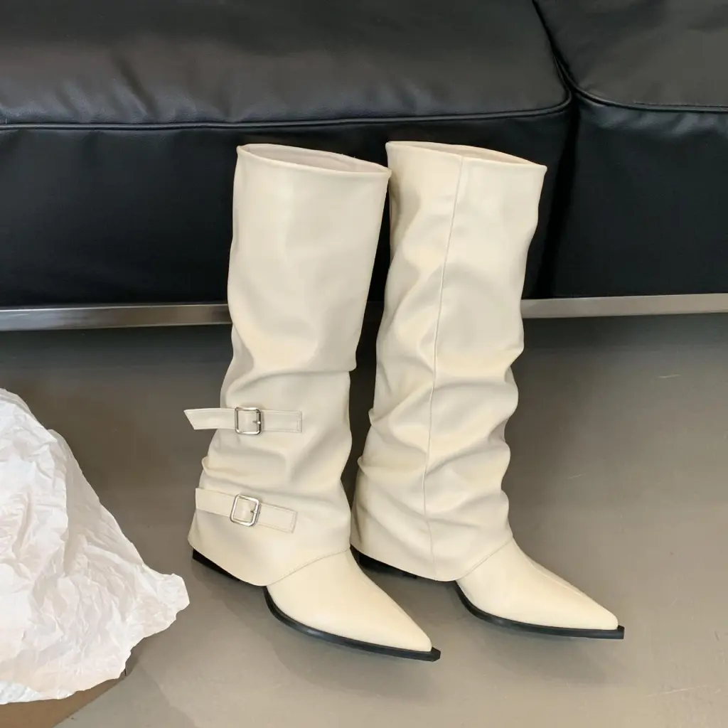 Pointed Buckle Pleated Pile Style Boots Punk Mid Heel Knee-high Boots - Beige