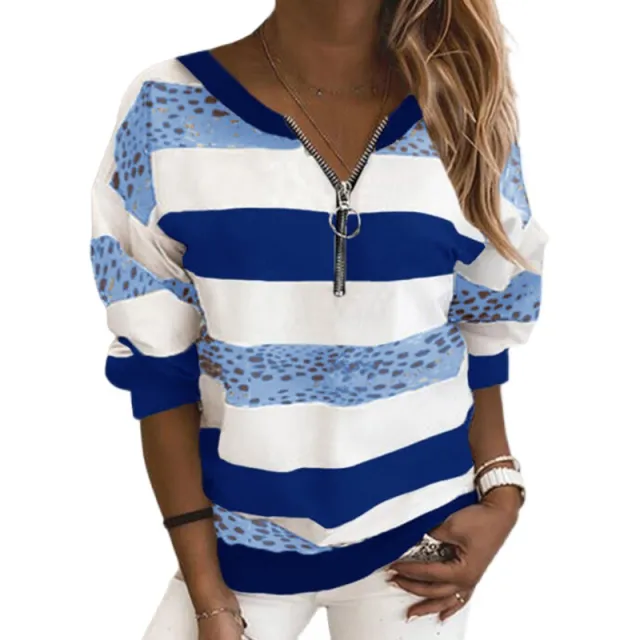 European And American Loose Striped Printed V Neck Long Sleeved T Shirt Sweatshirt Blau 2Xl - Shop at LoveMi