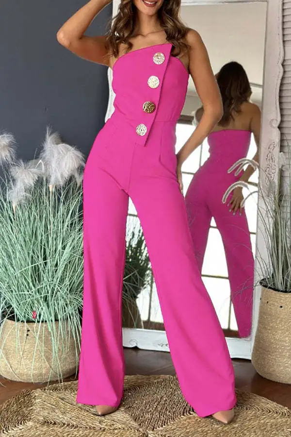 Women's Tube Top Irregular Design Loose Jumpsuit Rose Red - Shop at LoveMi