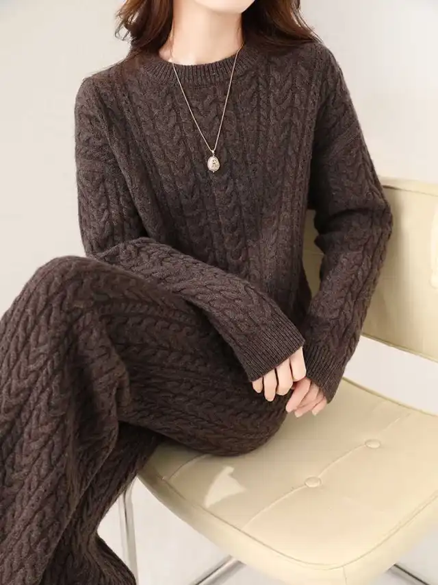 Autumn And Winter New Round Neck Pure Wool Sweater Women's Loose Slimming Twisted Thickened Sweater Trousers Suit Caramel Mocha Top - Shop at LoveMi