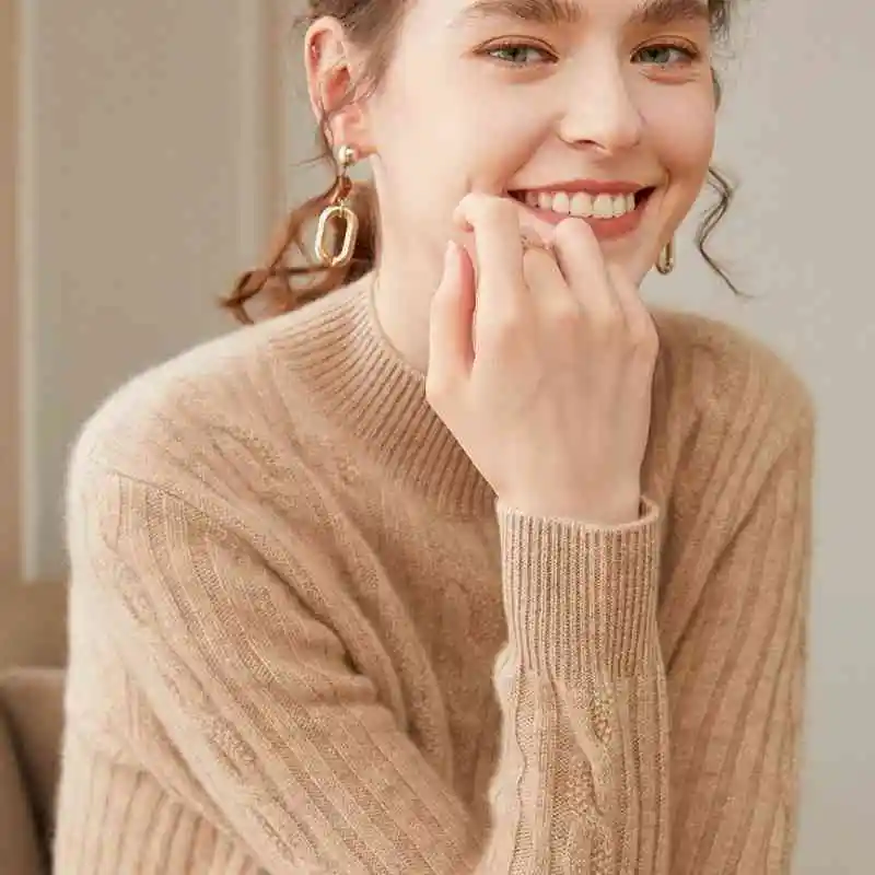 Pure Cashmere Shirt Women's Half Turtleneck Loose Thick Sweater - Elegant Camel