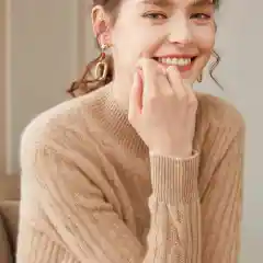 Pure Cashmere Shirt Women's Half Turtleneck Loose Thick Sweater - Elegant Camel - View 1