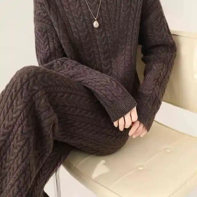 Autumn And Winter New Round Neck Pure Wool Sweater Women's Loose Slimming Twisted Thickened Sweater Trousers Suit Caramel Mocha Pants - Shop at LoveMi