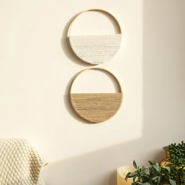Bohemian Two Tone Bamboo Ring Hand Woven Wall Hanging White Coffee - Shop at LoveMi