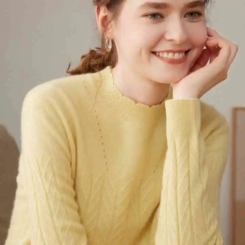 Women's Half Turtleneck Pure Cashmere Shirt Pullover Loose Sweater - Goose Yellow