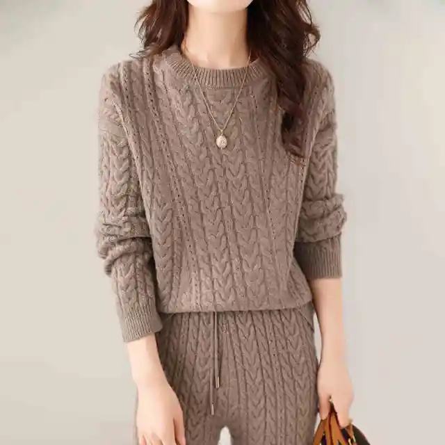 Autumn And Winter New Round Neck Pure Wool Sweater Women's Loose Slimming Twisted Thickened Sweater Trousers Suit Purple Cashmere Top - Shop at LoveMi