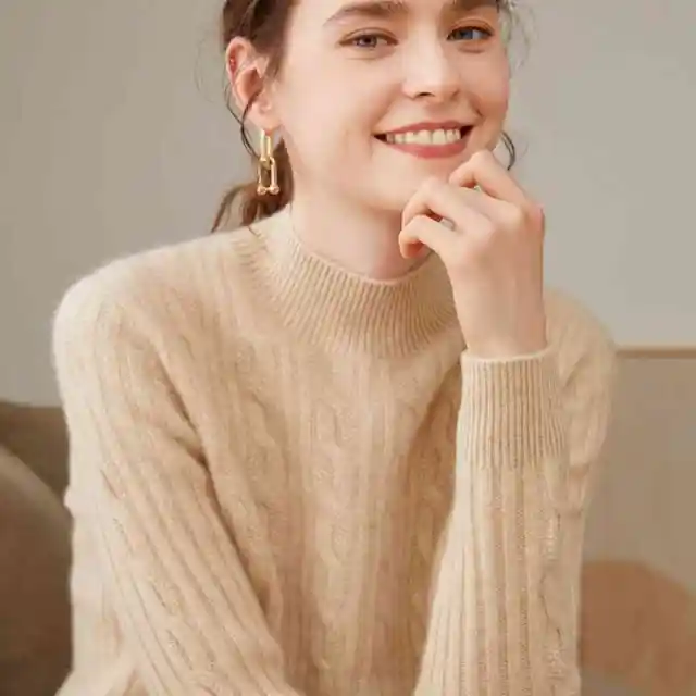 Pure Cashmere Shirt Women's Half Turtleneck Loose Thick Sweater Oatmeal Color - Shop at LoveMi