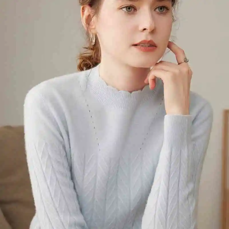 Women's Half Turtleneck Pure Cashmere Shirt Pullover Loose Sweater - Baby Blue