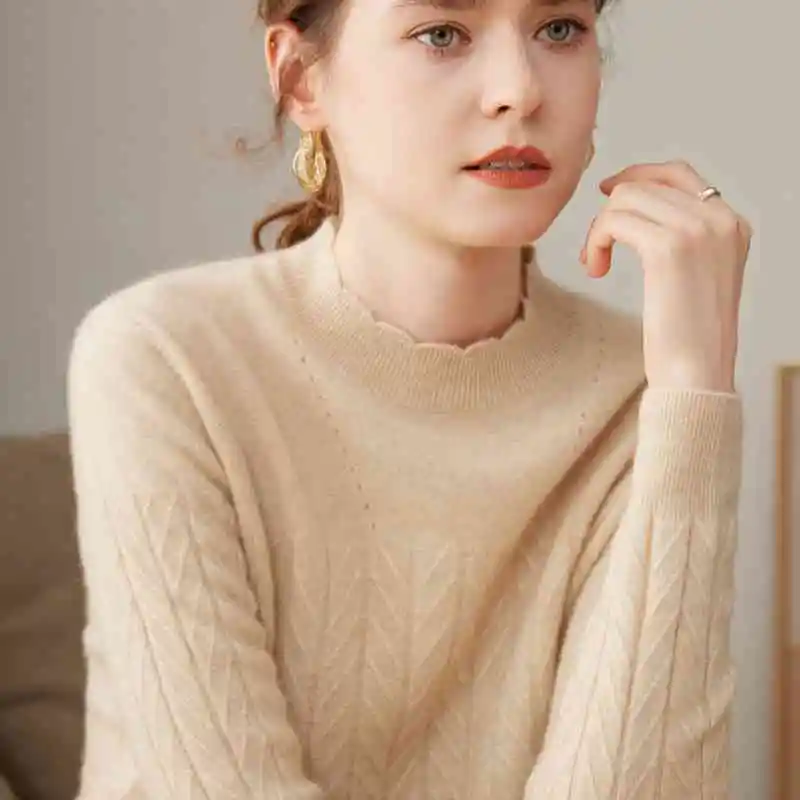 Women's Half Turtleneck Pure Cashmere Shirt Pullover Loose Sweater - Oatmeal Color