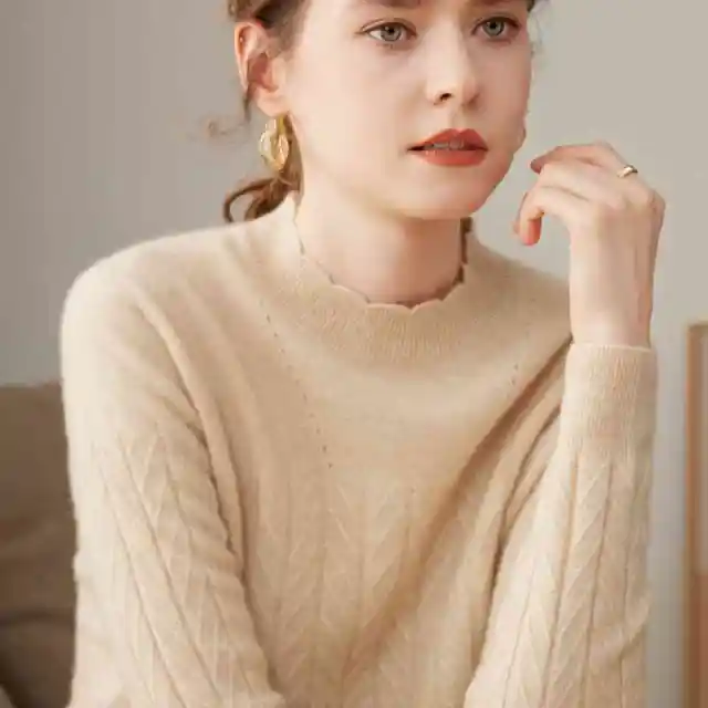 Women's Half Turtleneck Pure Cashmere Shirt Pullover Loose Sweater Oatmeal Color - Shop at LoveMi