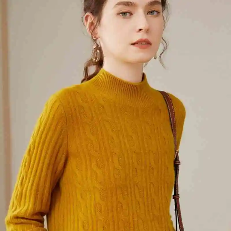 Pure Cashmere Shirt Women's Half Turtleneck Loose Thick Sweater - Autumn Leaves Yellow