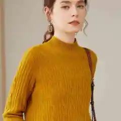 Pure Cashmere Shirt Women's Half Turtleneck Loose Thick Sweater - Autumn Leaves Yellow - View 1