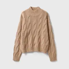 Artistic Vintage Twisted Pattern Full Wool Turtleneck Drop-shoulder Sleeve Knitted Pullover Autumn Women - Camel - View 1